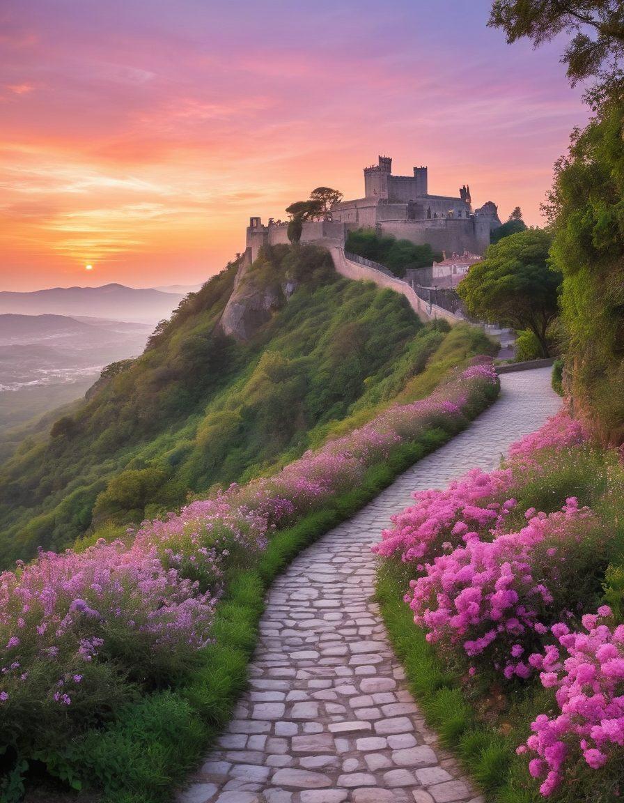 A breathtaking view of Monte Castelo, draped in soft pink and lavender hues during sunrise. The scenic fortress sits majestically on a lush green hill, surrounded by winding cobblestone paths and blooming flower gardens. Soft clouds kiss the fortress, implying a sense of romance and tranquility. A couple holding hands on the path, gazing at the fortress, creates an enchanting and loving atmosphere. vibrant colors. painting.