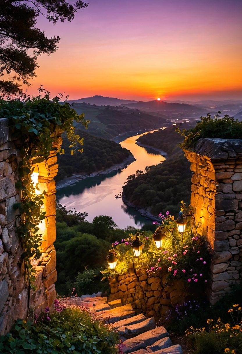 A romantic sunset view through the ancient stone walls of Monte Castelo Fortress, adorned with climbing ivy and colorful wildflowers. Silhouettes of a couple standing hand-in-hand on the ramparts, overlooking a serene landscape with rolling hills and a river winding through the valley. Warm golden and purple hues in the sky, creating a dreamy atmosphere. Include scattered lanterns casting a soft glow. super-realistic. vibrant colors.